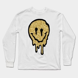 Gold Glitter Drippy Smiley Face Long Sleeve T-Shirt